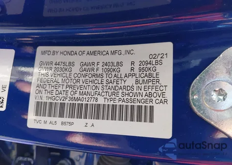 2021 Honda Accord Sport 2.0T z USA, uszkodzony, nr VIN 1HGCV2F36MA012778